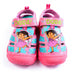 Girls Dora closed-toe sandals in pink and blue, shown upright with cartoon graphics and butterfly prints.
