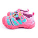 Girls Dora closed-toe sandals in pink and turquoise shown side by side on a white background.