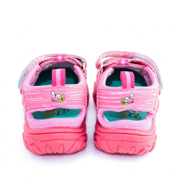 Girls' Dora closed-toe pink sandals shown from the back on a white background.