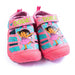 Dora closed-toe girls’ sandals in pink and teal with cartoon graphics, displayed on a white background.