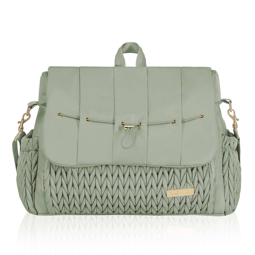 Sage green diaper bag with textured woven design and gold hardware, baby travel accessory