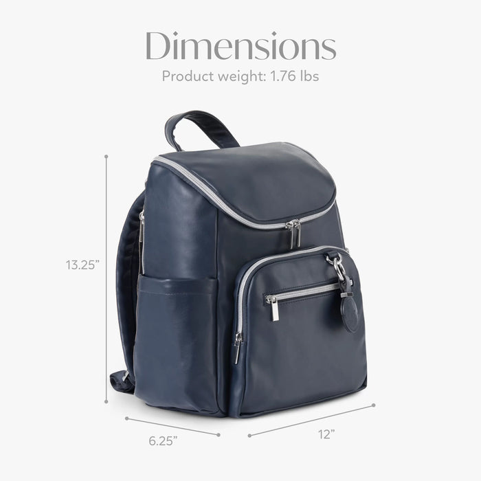 Navy blue diaper backpack with silver zippers, front pocket, and size dimensions shown.