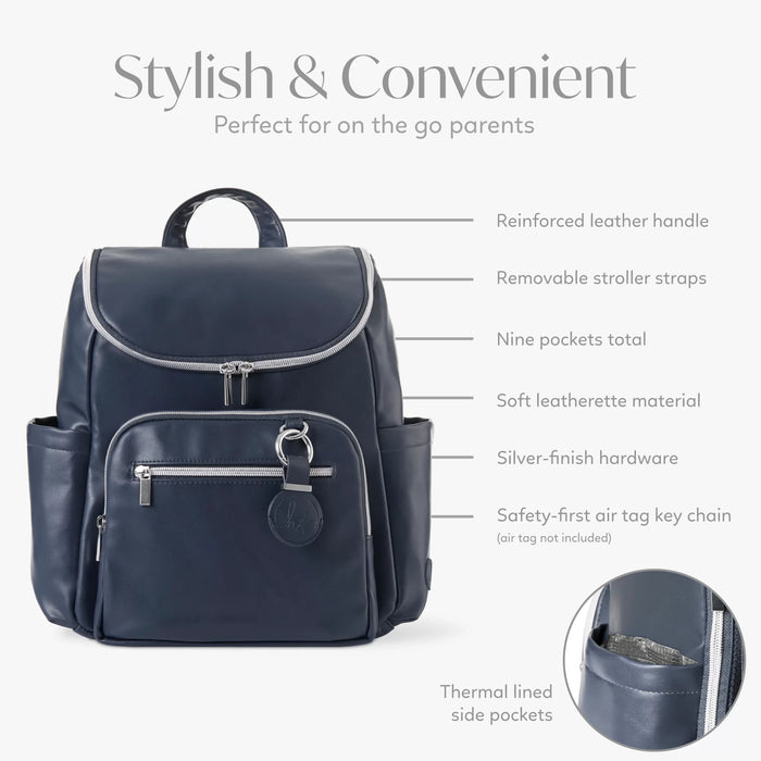 Navy blue diaper backpack with stroller straps, insulated pockets, and leatherette material, ideal for parents.