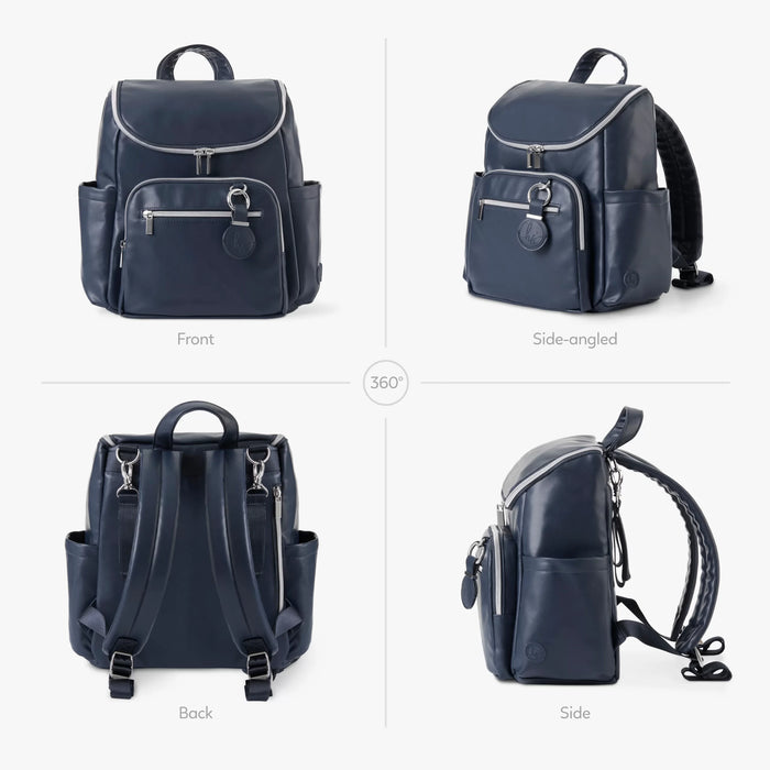Navy blue backpack with front, side, back, and angled views, multiple zippered pockets