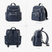 Navy blue backpack with front, side, back, and angled views, multiple zippered pockets