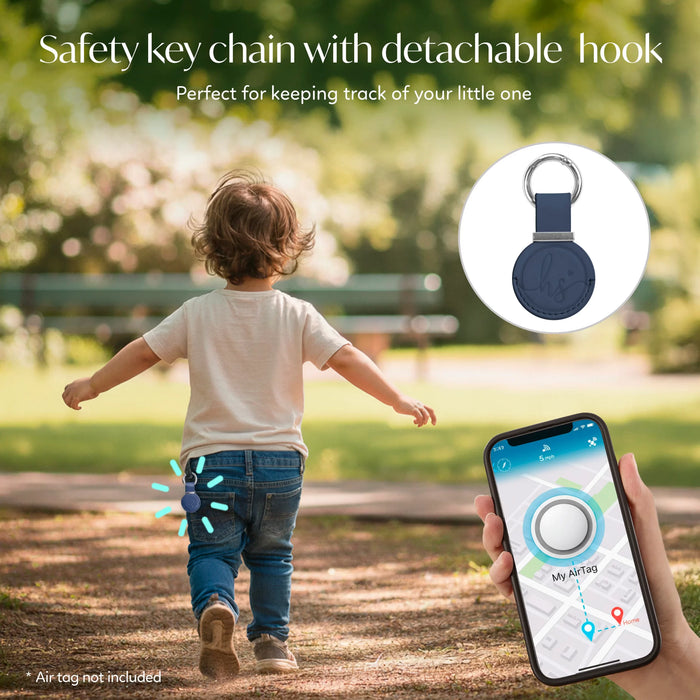 Child wearing safety key chain for AirTag, phone tracking location, outdoor park setting