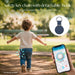 Child wearing safety key chain for AirTag, phone tracking location, outdoor park setting
