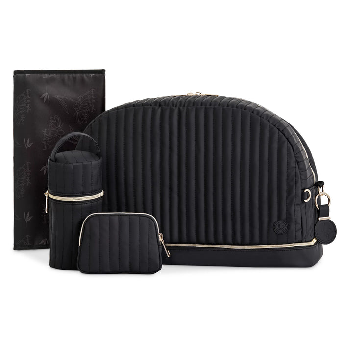 Black quilted diaper bag set with matching bottle holder, pouch, and changing mat