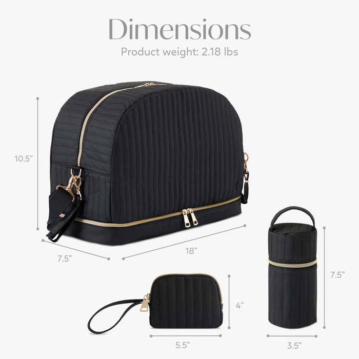 Black quilted diaper bag set with purse and bottle holder, labeled dimensions, modern design