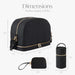 Black quilted diaper bag set with purse and bottle holder, labeled dimensions, modern design