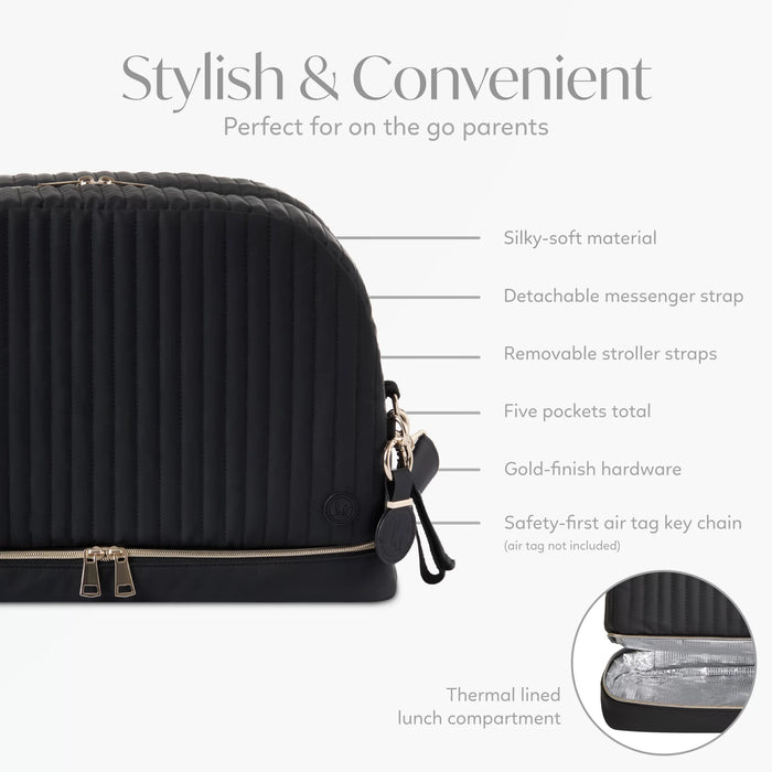 Black quilted baby diaper bag with gold hardware, stroller straps, and insulated lunch compartment