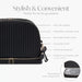 Black quilted baby diaper bag with gold hardware, stroller straps, and insulated lunch compartment