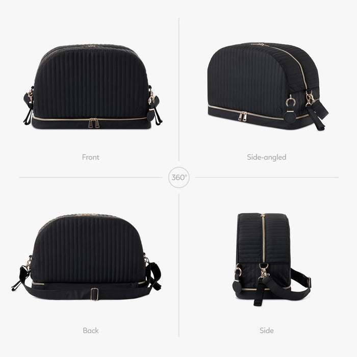 Black quilted diaper bag shown from front, side, and back with gold zippers and adjustable strap