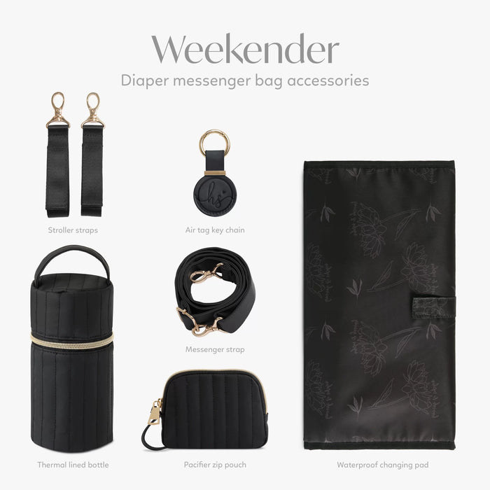 Black diaper bag accessories set with stroller straps, air tag keychain, bottle holder, messenger strap, pacifier pouch, and waterproof changing pad.