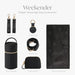 Black diaper bag accessories set with stroller straps, air tag keychain, bottle holder, messenger strap, pacifier pouch, and waterproof changing pad.