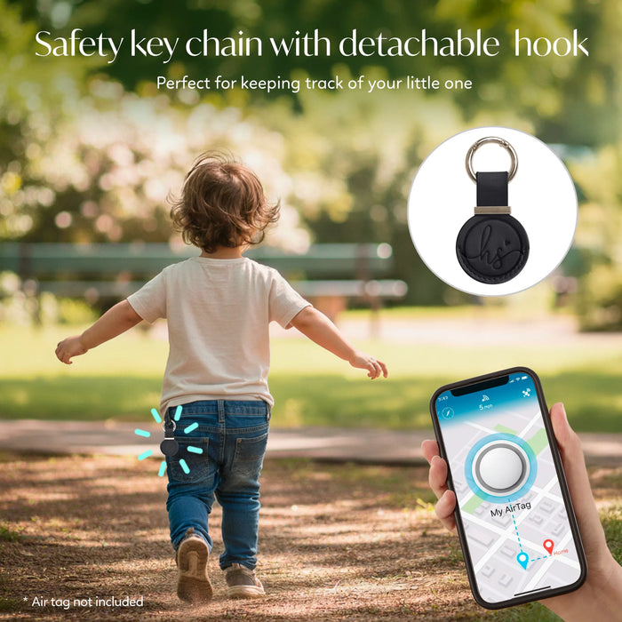 Child wearing safety key chain with detachable hook, AirTag shown on mobile tracker app