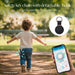 Child wearing safety key chain with detachable hook, AirTag shown on mobile tracker app