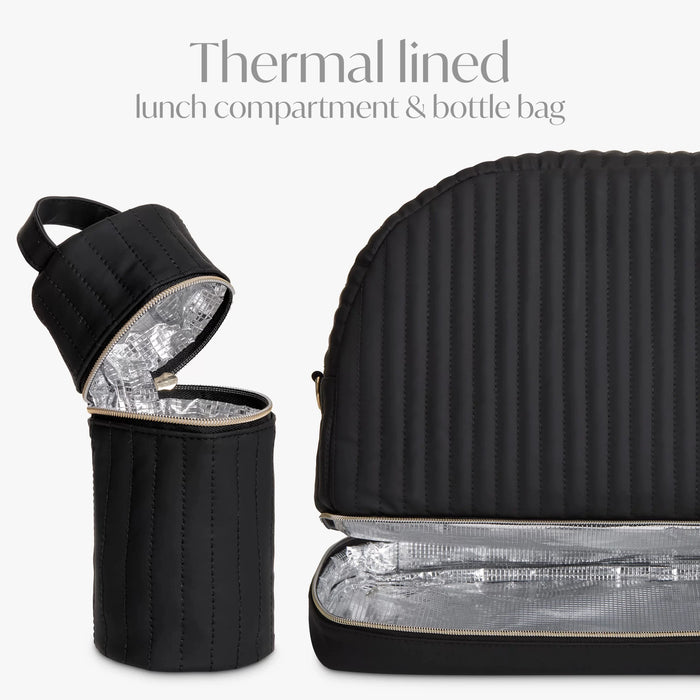 Black quilted thermal insulated lunch compartment and bottle bag set for kids