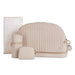 Beige quilted diaper bag set with bottle holder, pouch, and changing pad for babies
