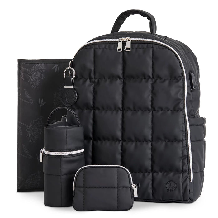 Black quilted diaper backpack set with bottle holder, pouch, and changing mat