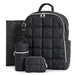 Black quilted diaper backpack set with bottle holder, pouch, and changing mat