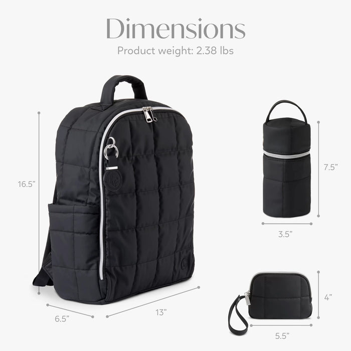 Black quilted diaper backpack, bottle holder, and small pouch with size dimensions listed.
