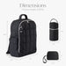 Black quilted diaper backpack, bottle holder, and small pouch with size dimensions listed.