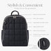 Black quilted diaper backpack with USB-C connector, adjustable straps, multiple pockets, and silver hardware.