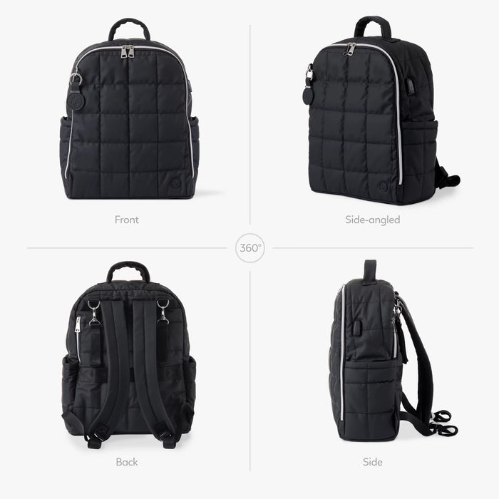 Black quilted backpack with top handle and adjustable straps, shown from four angles.