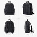 Black quilted backpack with top handle and adjustable straps, shown from four angles.