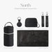 Black diaper backpack accessories set with thermal bottle bag, pacifier pouch, waterproof changing pad, stroller straps, and AirTag keychain.