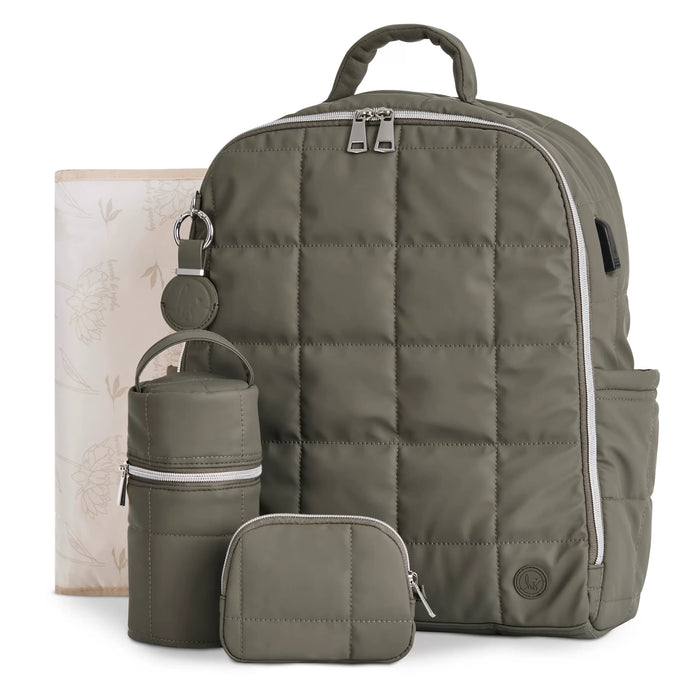 Quilted olive green diaper backpack set with bottle holder, pouch, and changing mat.