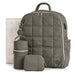 Quilted olive green diaper backpack set with bottle holder, pouch, and changing mat.