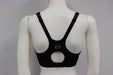 Black bra top with racerback and adjustable straps shown on mannequin from the back view.