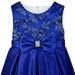 Navy blue kids party dress with sequin floral bodice and large bow at the waist, shown on hanger.
