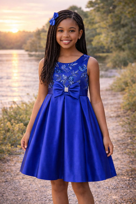 Navy blue party dress with jeweled bow detail, worn by a girl outdoors by a lake at sunset.