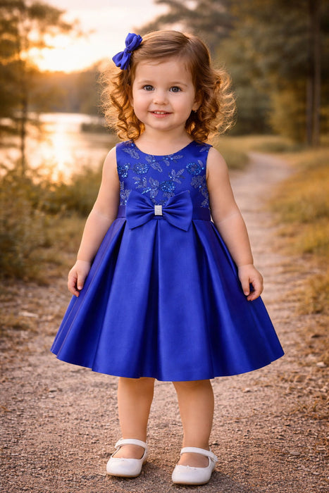 Navy blue party dress for toddlers with bow detail, worn by a girl standing outdoors on a path.