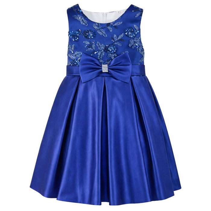 Navy blue party dress with floral sequin bodice and satin bow displayed against a white background.
