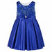 Navy blue party dress with floral sequin bodice and satin bow displayed against a white background.