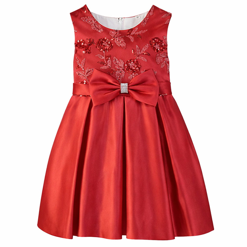 Red party dress for kids with floral embroidery and bow detail shown on a white background.