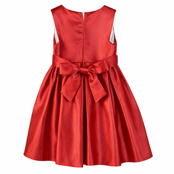 Red party dress for girls displayed flat, featuring a large bow and sleeveless design.