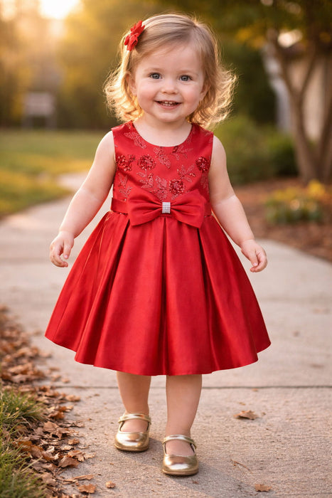 Red party dress with bow and floral details, shown on a smiling toddler outdoors on a walkway.