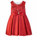 Red party dress for kids with floral embroidery and bow detail shown on a white background.