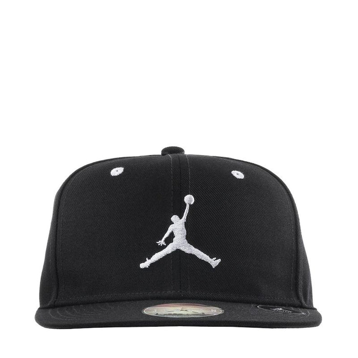 Black Jordan snapback cap with white Jumpman logo displayed upright against a plain background.