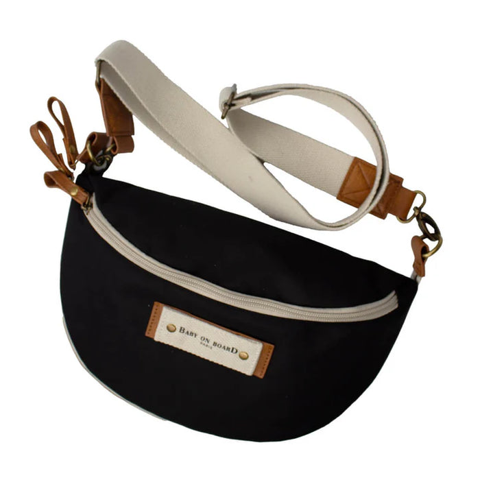 Baby On Board black waist bag with beige strap and zipper, shown on a white background.