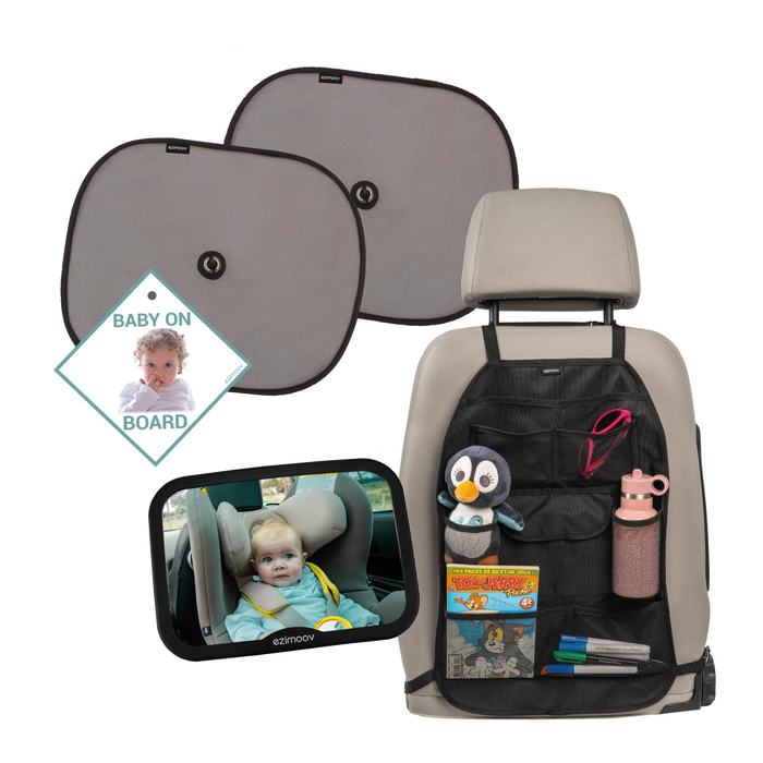 Ezimoov car accessory kit with sun shades, back seat organizer, baby mirror, and Baby On Board sign displayed.
