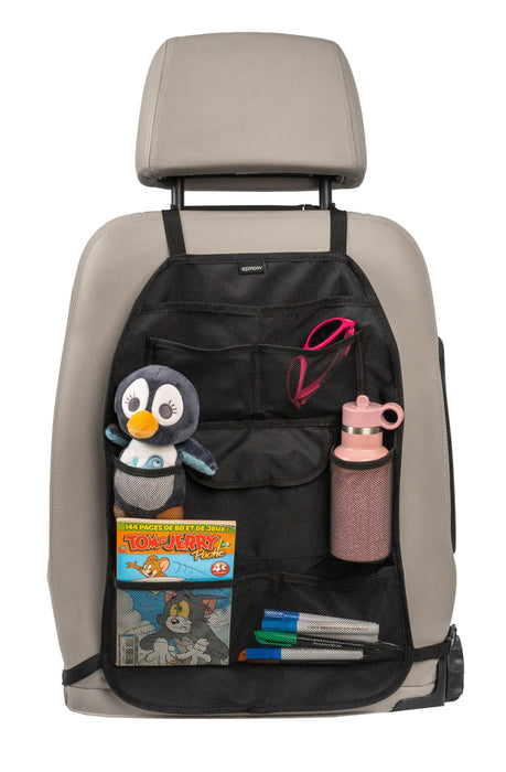 Ezimoov car seat organizer attached to seat, holding toys, water bottle, book, and markers.
