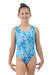 Girl wearing a blue marbled gymnastics leotard, standing and smiling against a white background.