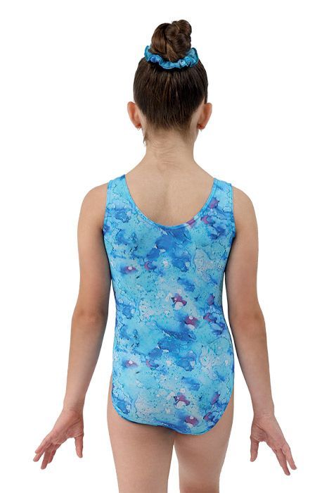 Girls’ blue tie-dye leotard shown from the back, worn by a child with a matching hair scrunchie.