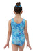 Girls’ blue tie-dye leotard shown from the back, worn by a child with a matching hair scrunchie.